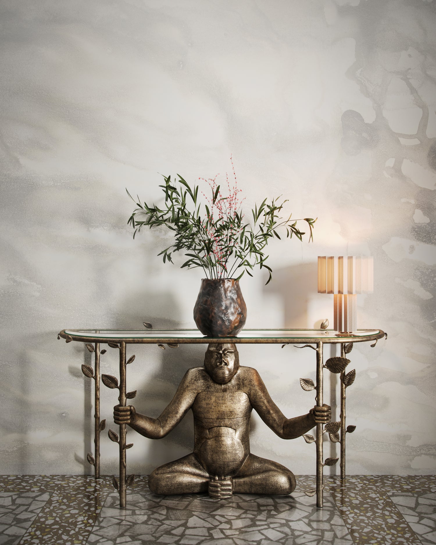 Playful monkey console table against warm sand watercolor mural. 