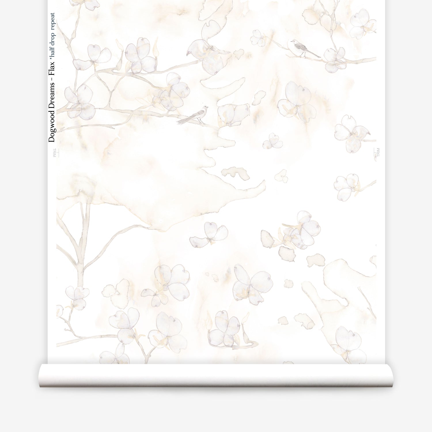 Wallpaper roll in a watercolor branch and floral pattern in beige on a white field.