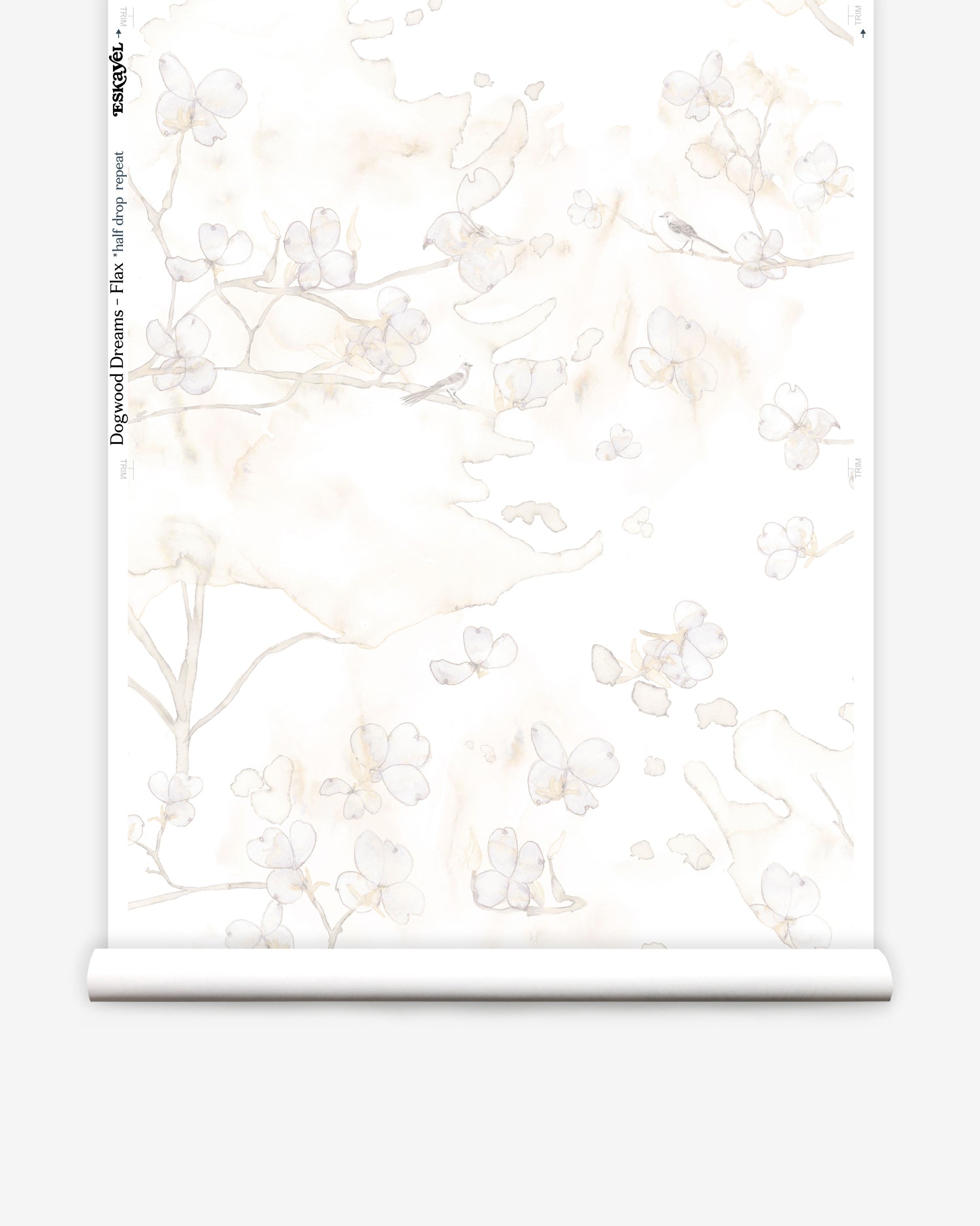 Wallpaper roll in a watercolor branch and floral pattern in beige on a white field.