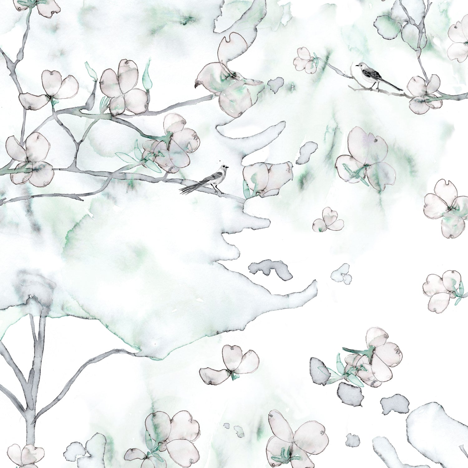 Wallpaper detail in a watercolor branch and floral pattern in teal green on a white field.