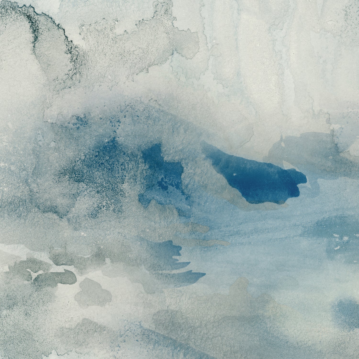 Wallpaper detail of an ethereal watercolor mural in shades teal, blue and soft grey. 
