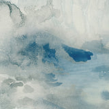 Wallpaper detail of an ethereal watercolor mural in shades teal, blue and soft grey. 