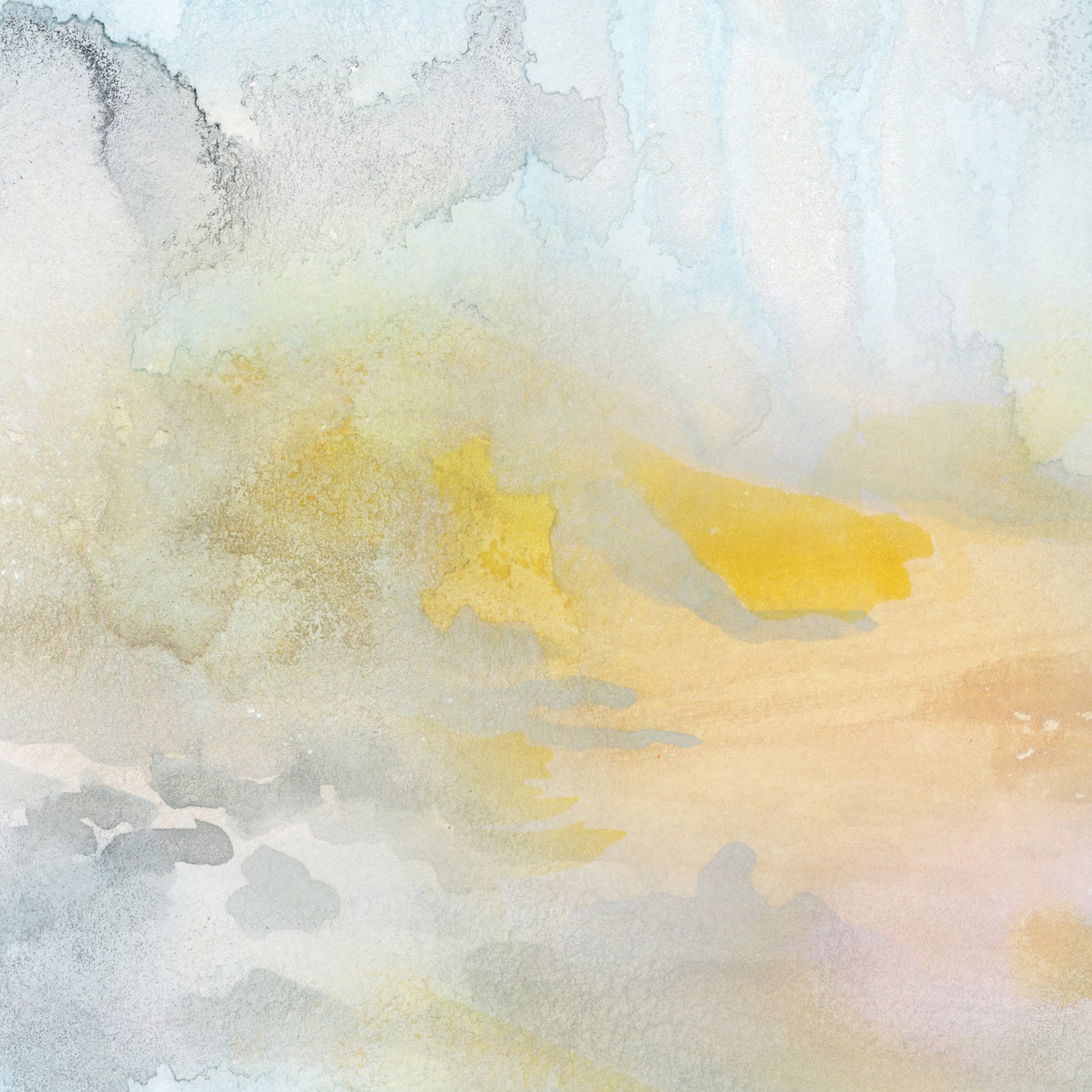 Wallpaper detail of an ethereal watercolor mural in shades of blue, green, yellow and grey. 