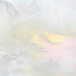 Wallpaper detail of an ethereal watercolor mural in pastel shades of blush pink, yellow, aqua and grey. 