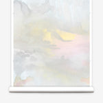 Wallpaper roll of an ethereal watercolor mural in shades  blush pink, yellow, aqua and grey. 