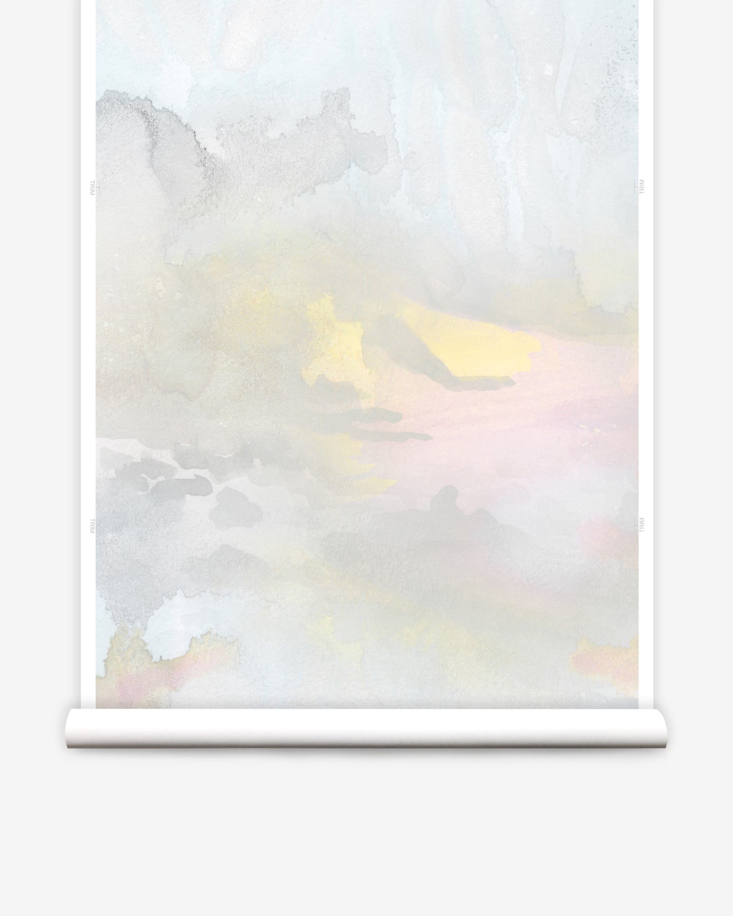 Wallpaper roll of an ethereal watercolor mural in shades  blush pink, yellow, aqua and grey. 
