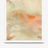 Wallpaper roll of an ethereal watercolor mural in shades rust red, warm orange, tan, and taupe.