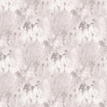 Detail of wallpaper in a painterly tree print in light pink and purple on a cream field.