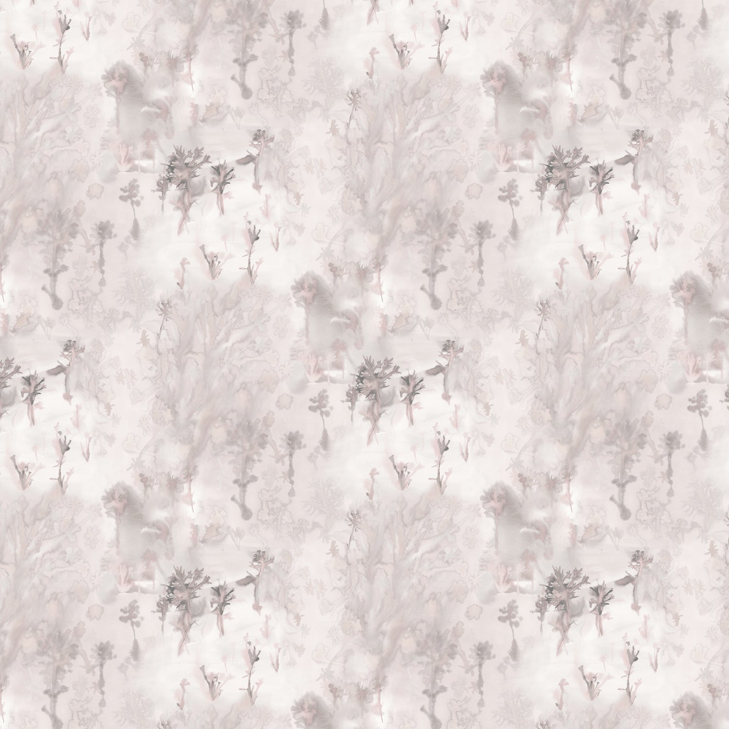 Detail of wallpaper in a painterly tree print in light pink and purple on a cream field.