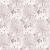 Detail of wallpaper in a painterly tree print in light pink and purple on a cream field.