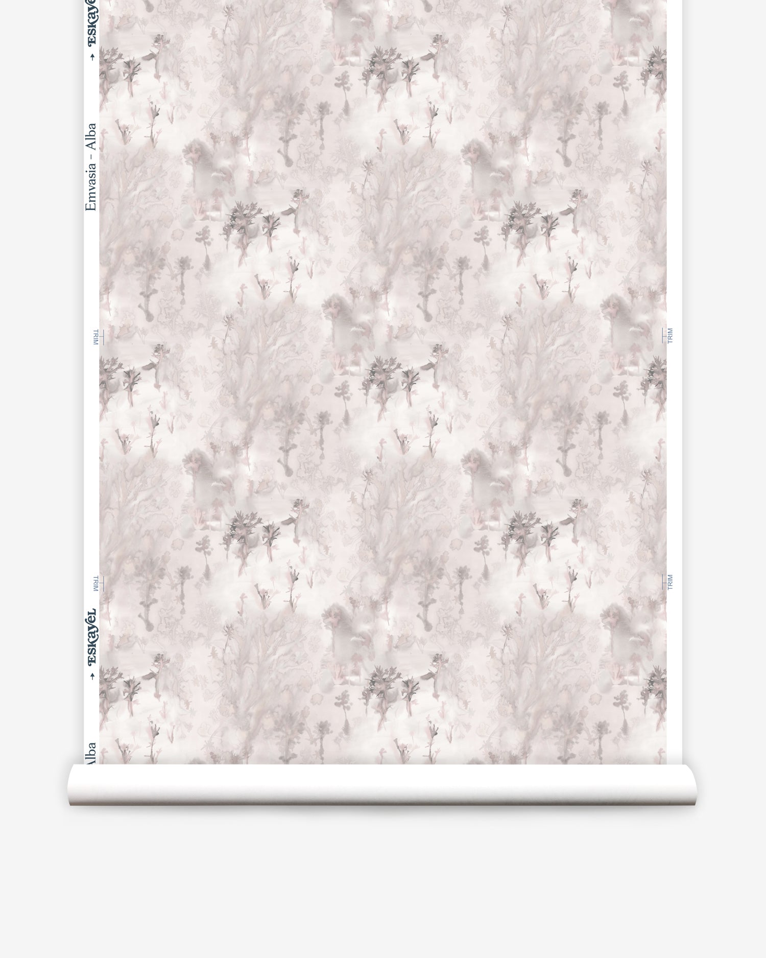 Wallpaper roll in a painterly tree print in light pink and purple on a cream field.
