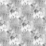 Detail of wallpaper in a painterly tree print in gray and charcoal on a white field.