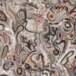 Wallpaper detail in abstract brushstroke design in shades of rust, tan and black accents. 