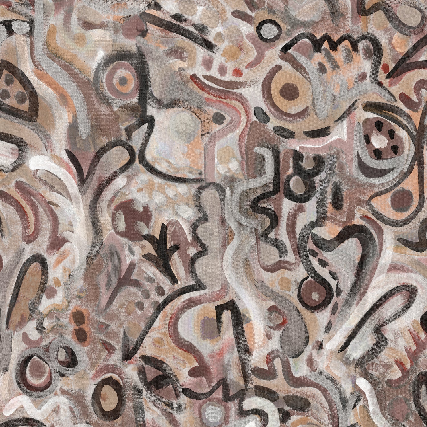 Wallpaper detail in abstract brushstroke design in shades of rust, tan and black accents. 