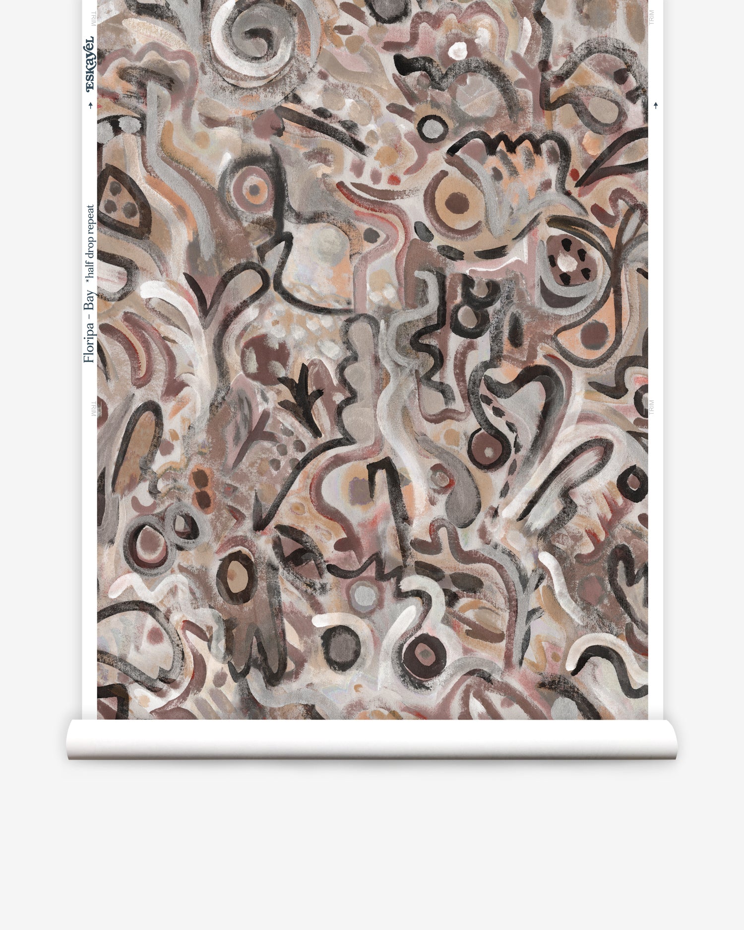Wallpaper roll in abstract brushstroke design in shades of rust, tan and black accents. 