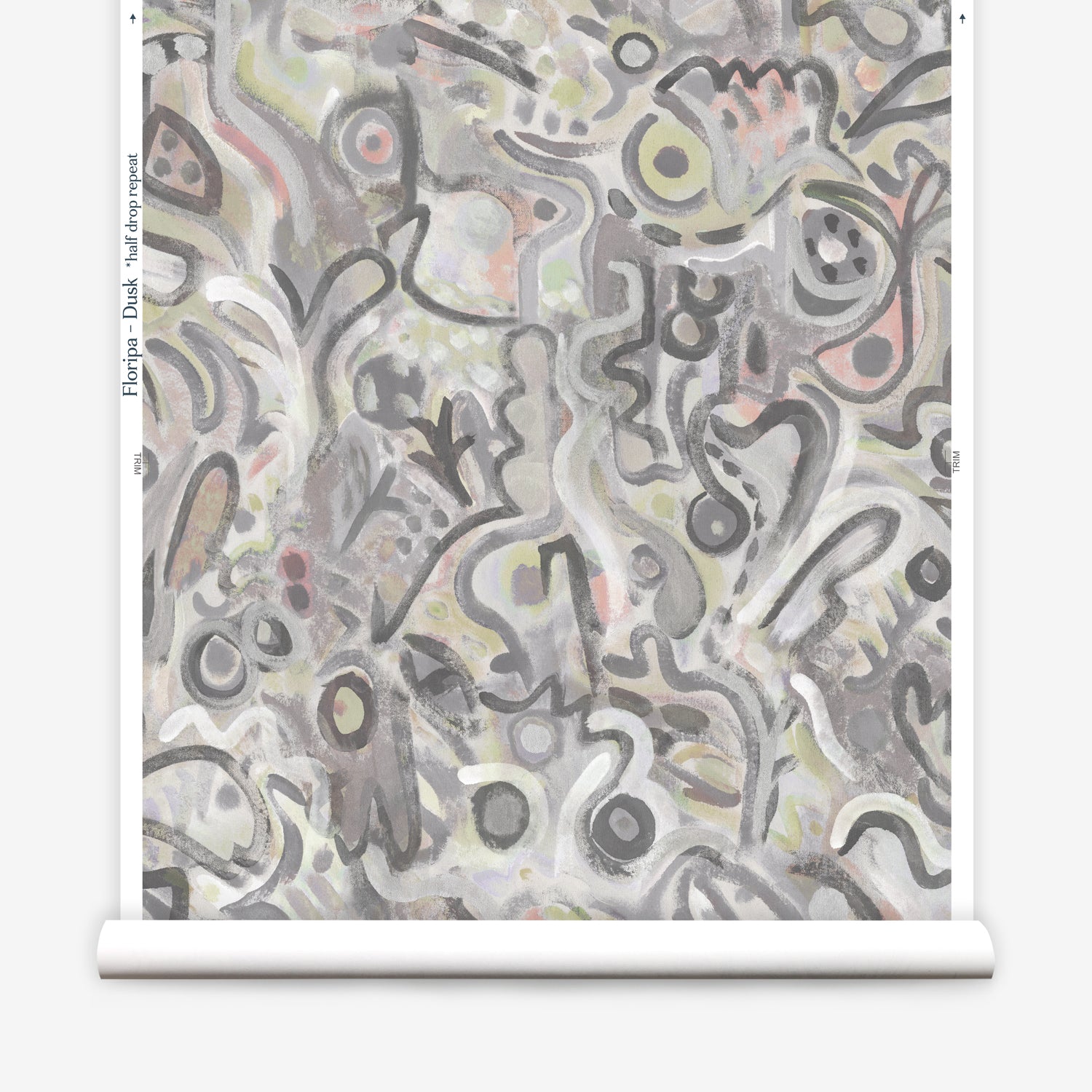 Wallpaper roll in abstract brushstroke design in shades of grey, tan and blush accents. 