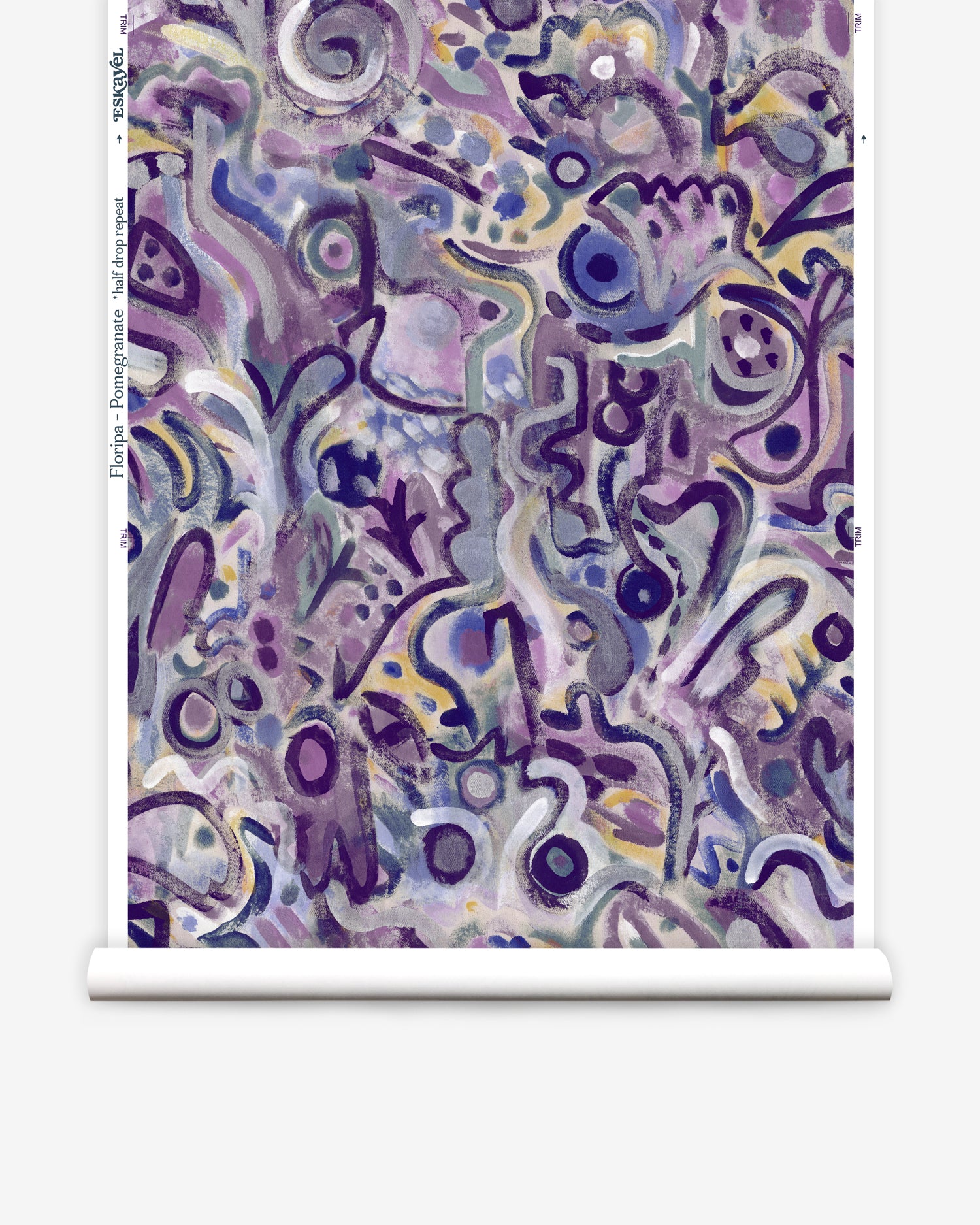 Wallpaper roll in abstract brushstroke design in shades of purple and black accents. 