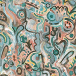 Wallpaper detail in abstract brushstroke design in shades of teal, rust brown and black accents. 