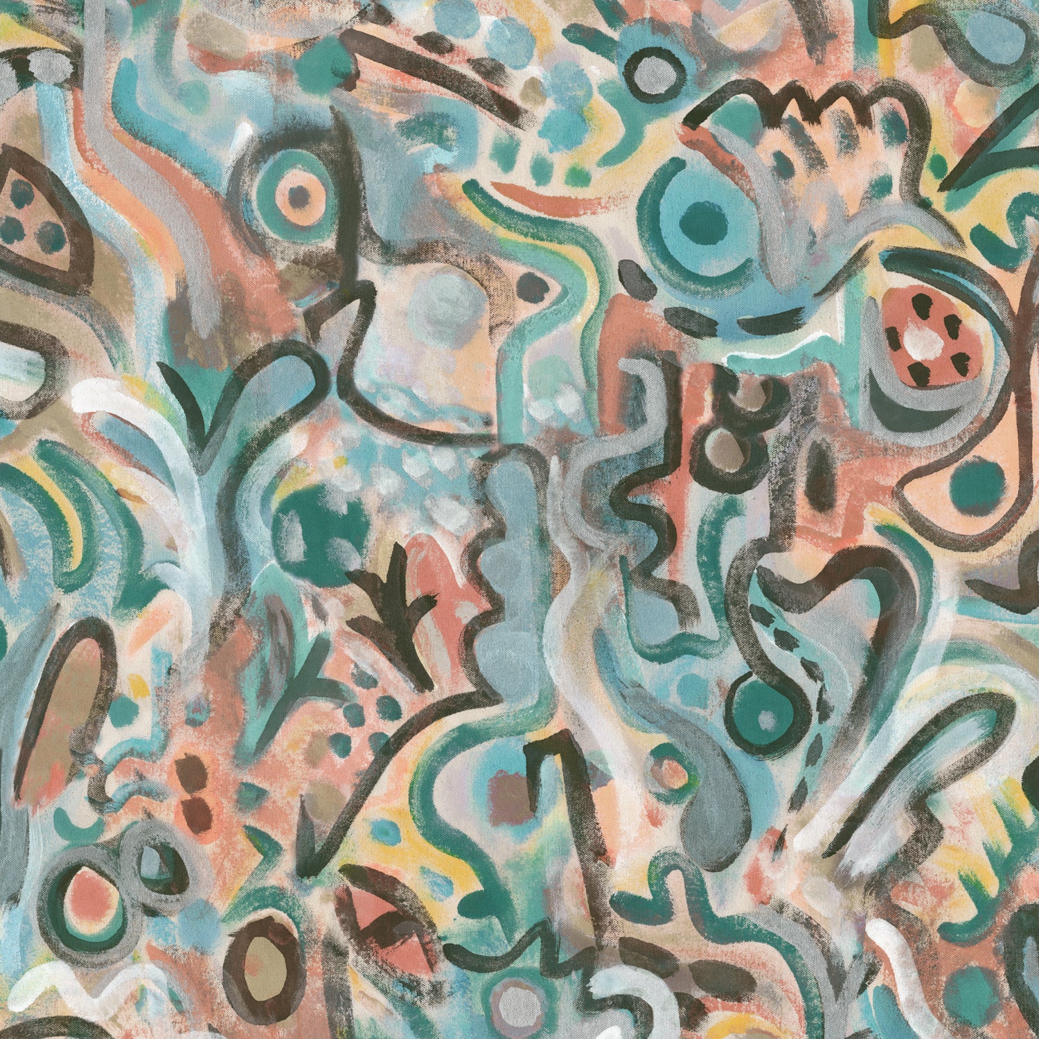 Wallpaper detail in abstract brushstroke design in shades of teal, rust brown and black accents. 