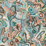 Wallpaper detail in abstract brushstroke design in shades of teal, rust brown and black accents. 