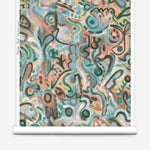 Wallpaper roll in abstract brushstroke design in shades of teal, rust brown and black accents. 