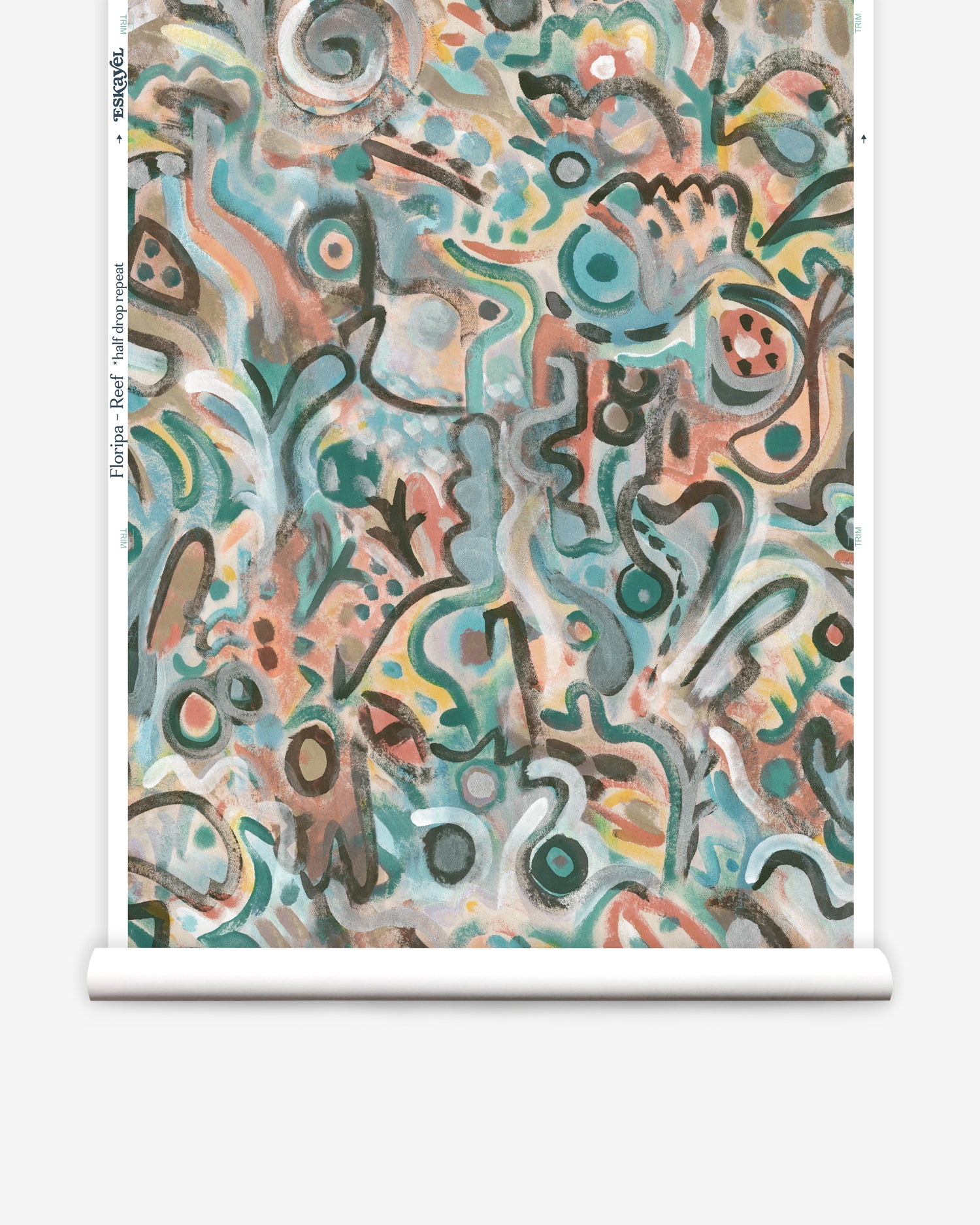 Wallpaper roll in abstract brushstroke design in shades of teal, rust brown and black accents. 