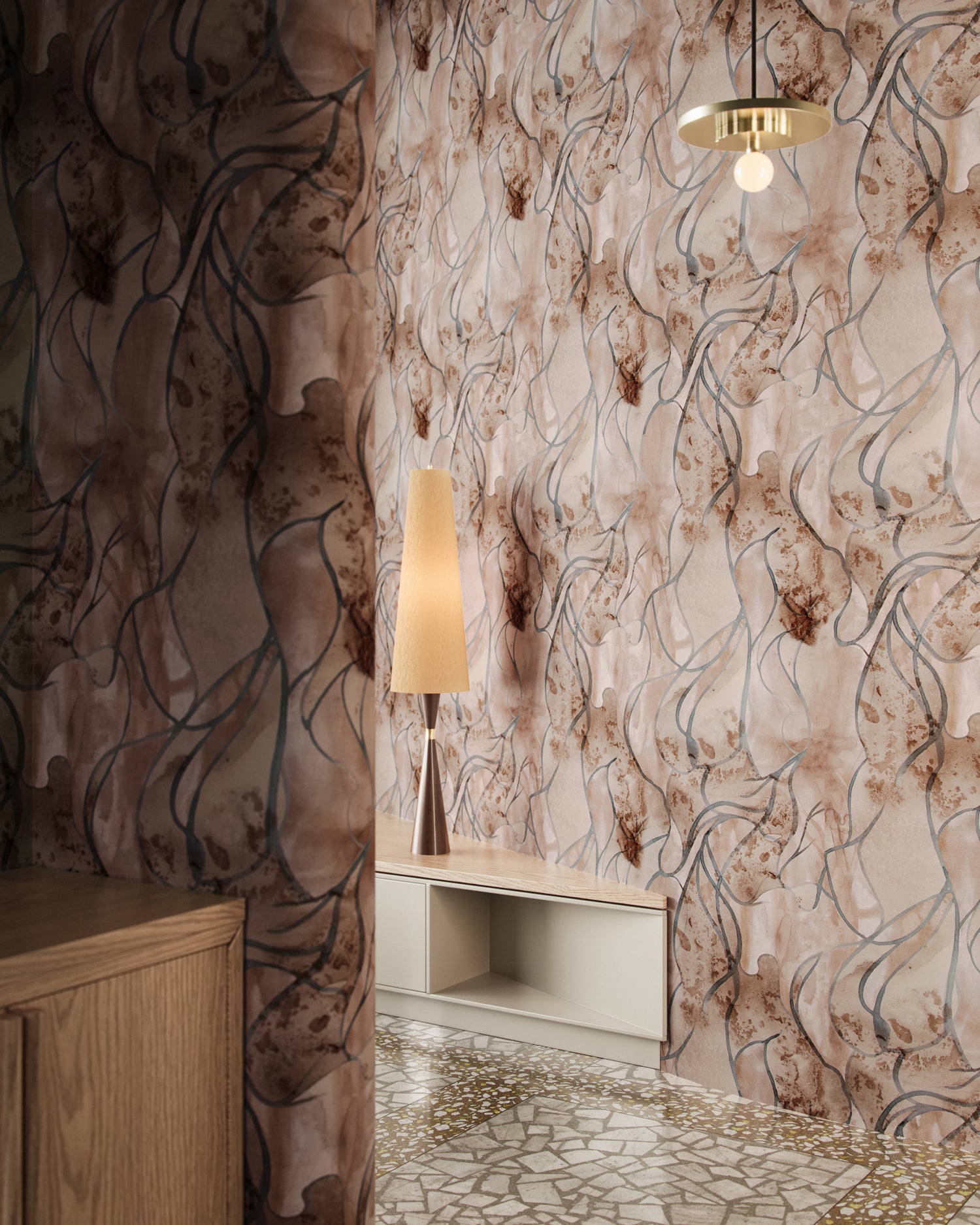 Interior hallway with low table and lamp with wallpaper in warm brown with teal abstract pattern. 
