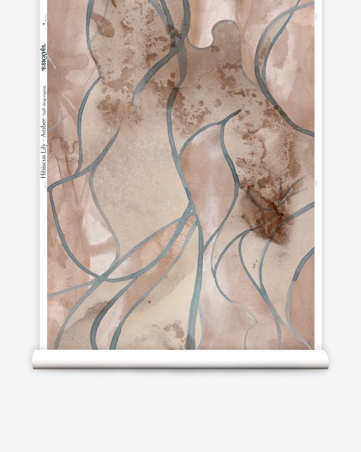 Wallpaper roll in abstract floral bushstroke design in warm brown with teal. 