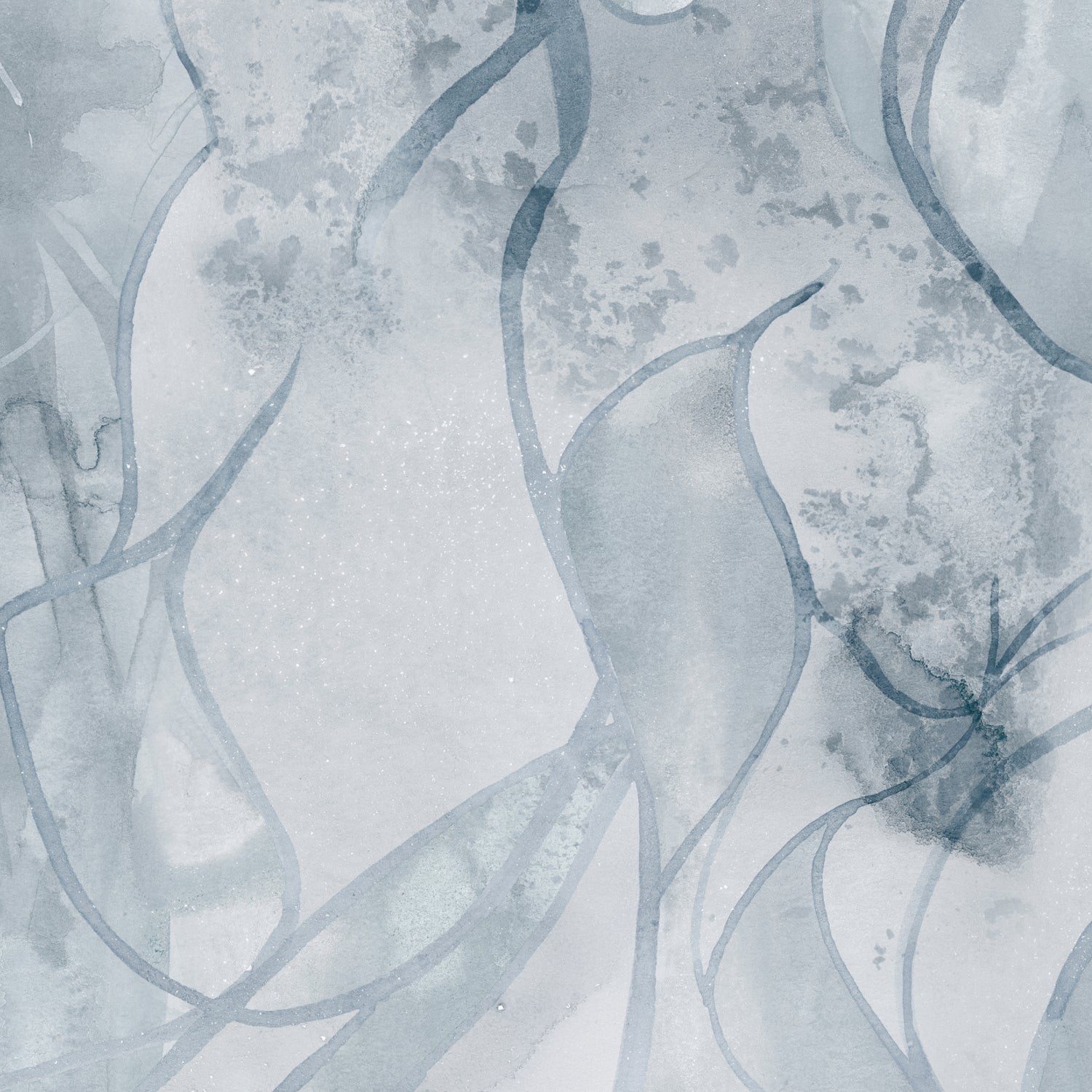 Wallpaper detail in abstract floral bushstroke design in soft slate blue. 