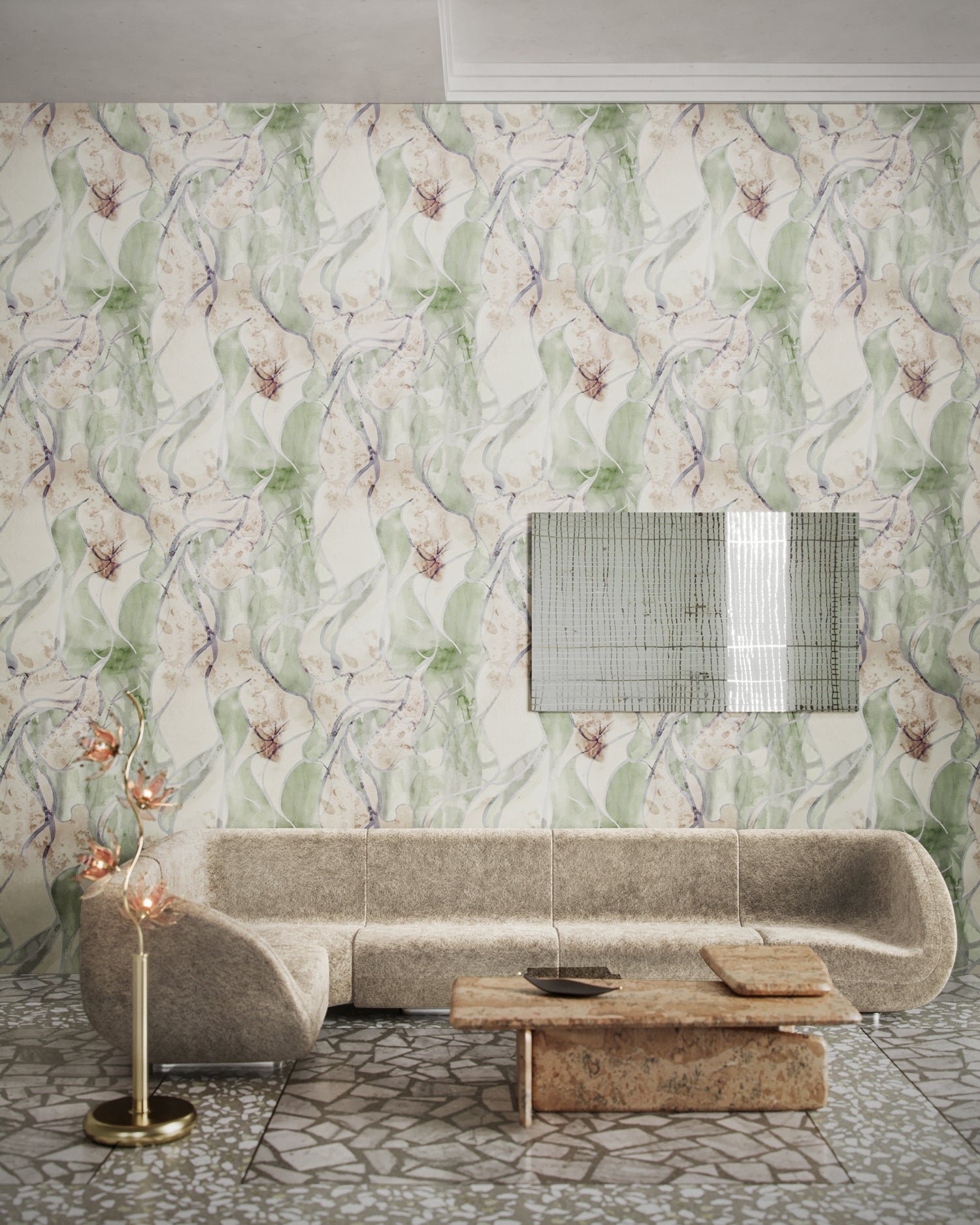 Modernist living room scene with low couch, marble coffee table and mirror against abstract floral wallpaper. 