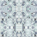 Detail of wallpaper in a watercolor paint blotch print in blue, gray and purple on a white field.