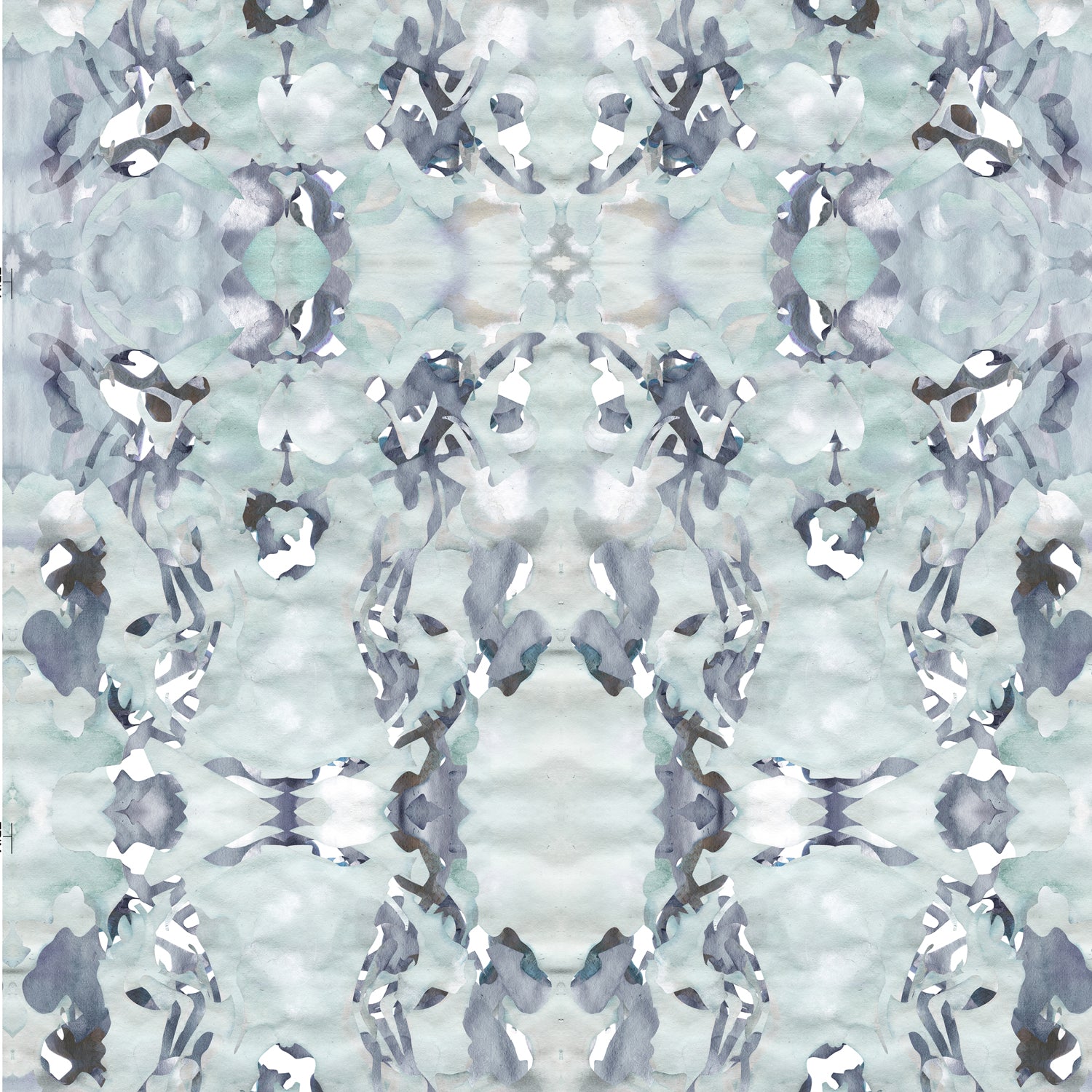 Detail of wallpaper in a watercolor paint blotch print in blue, gray and purple on a white field.