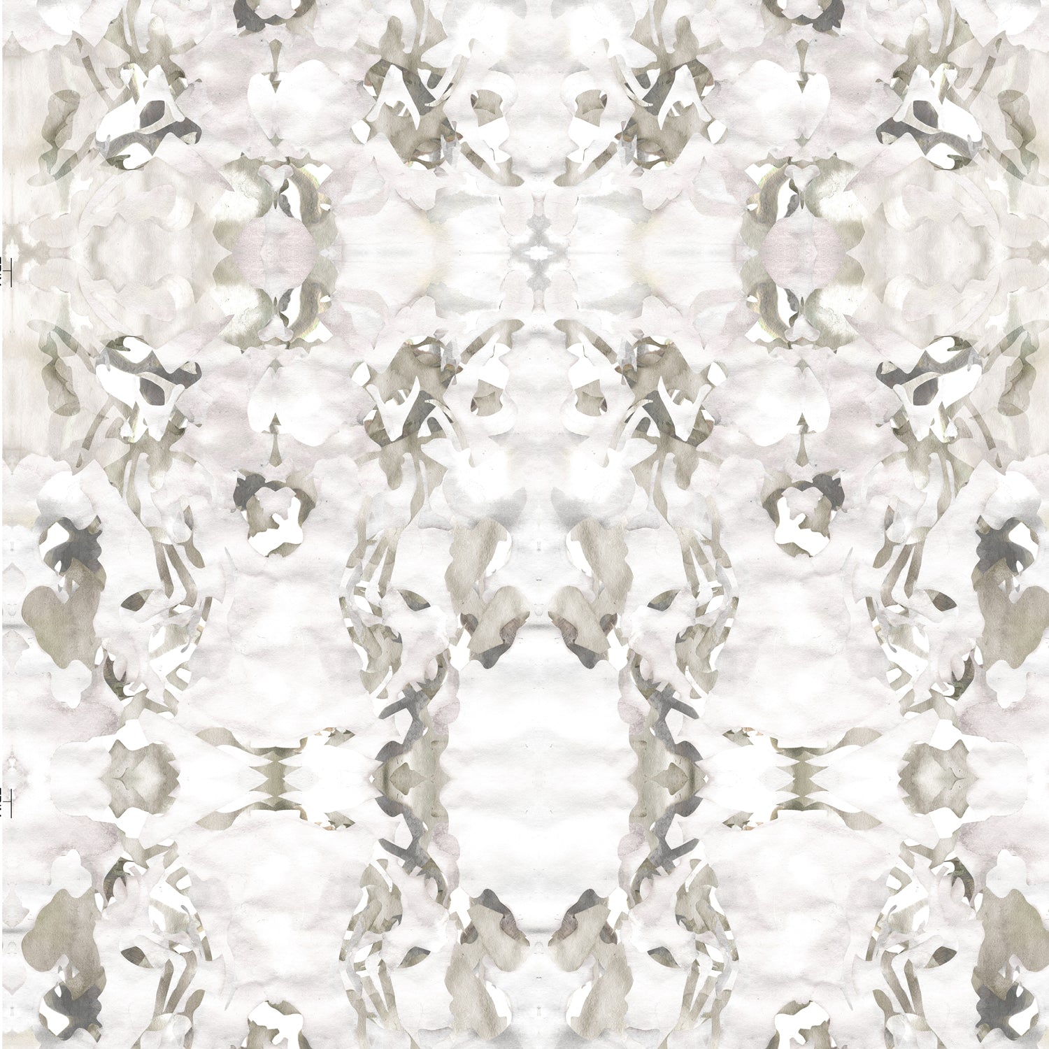 Detail of wallpaper in a watercolor paint blotch print in purple and gray on a white field.
