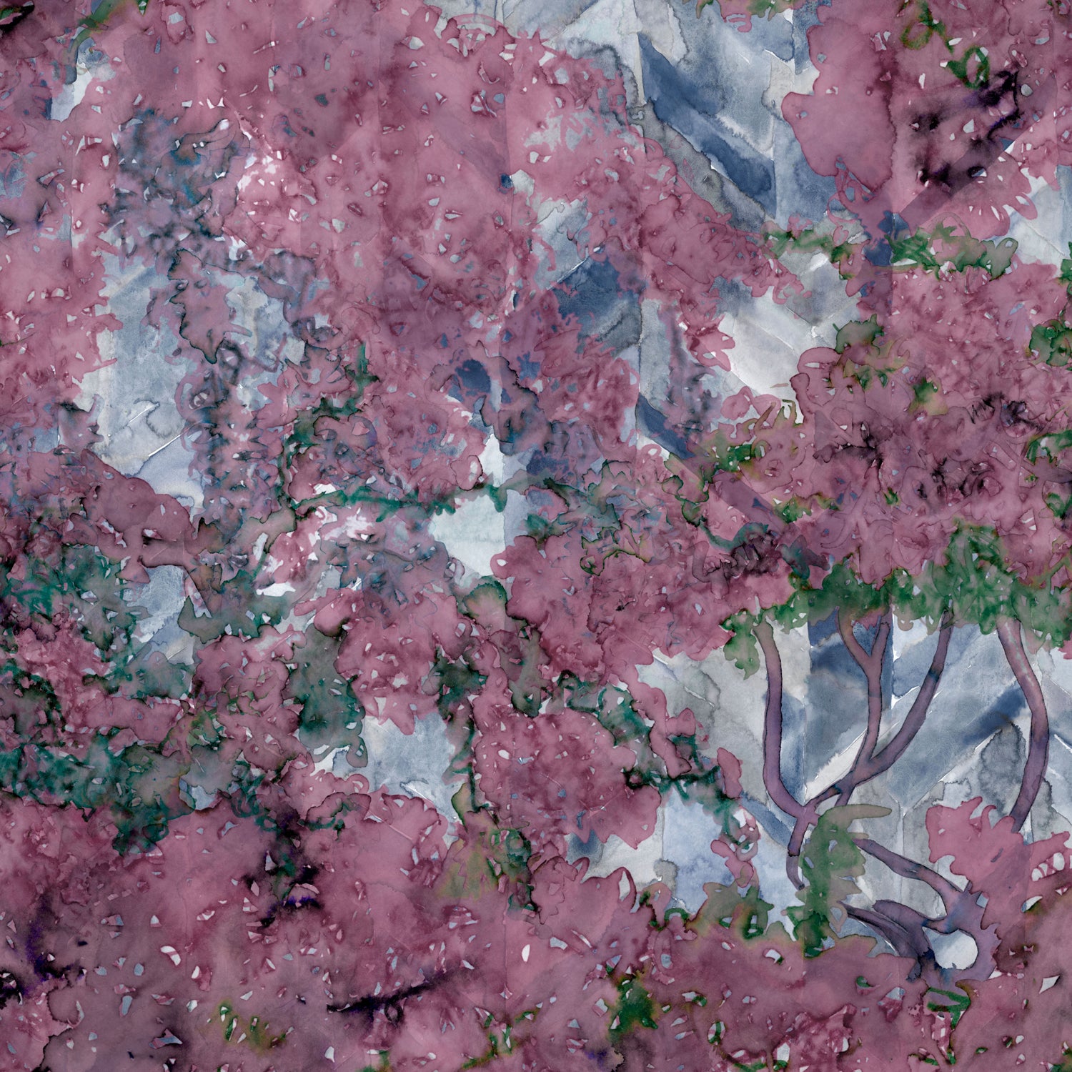 Detail of wallpaper in a painterly tree print in purple, green and brown.