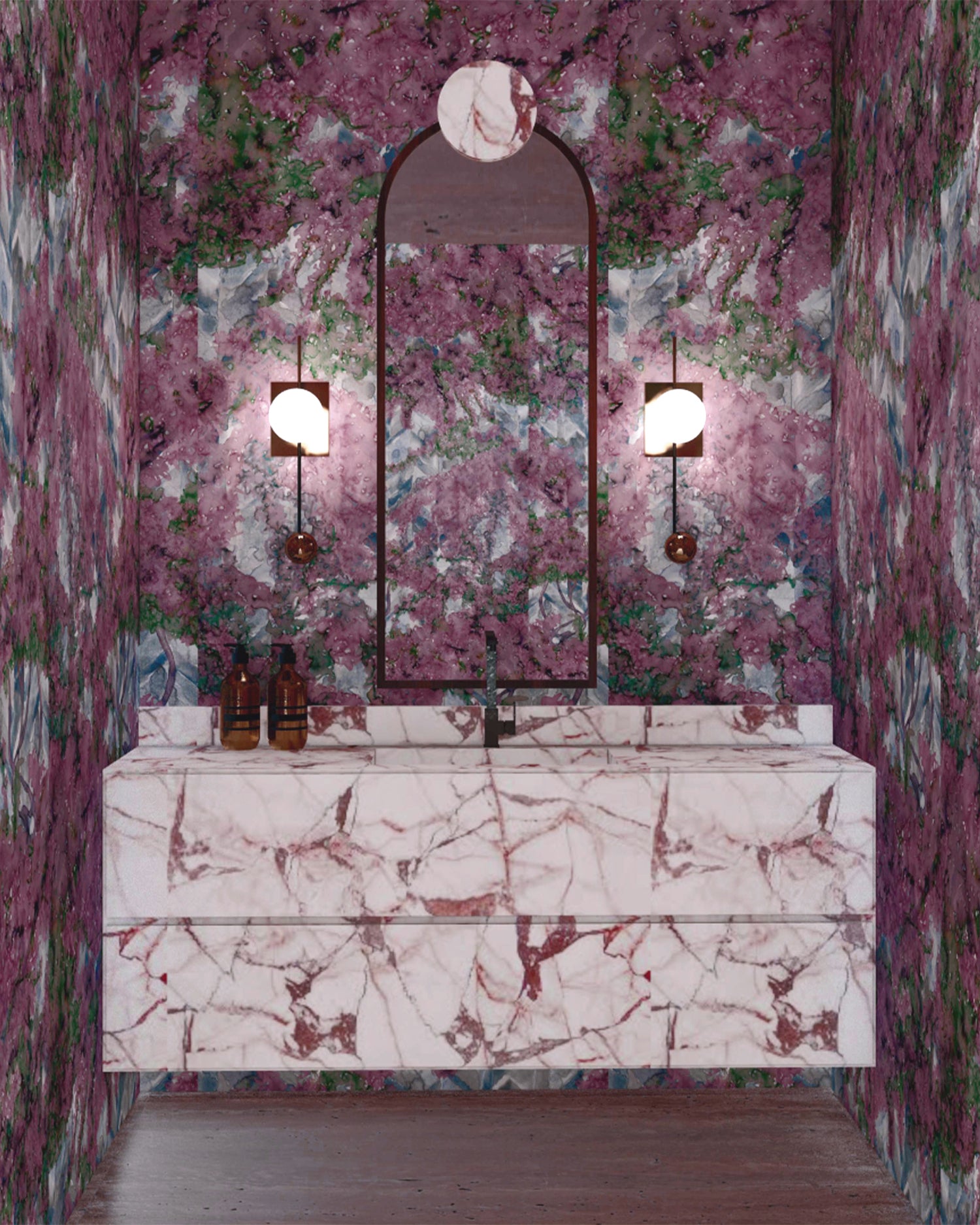 Powder room with marble vanity wallpapered in a painterly tree print in purple, green and brown.