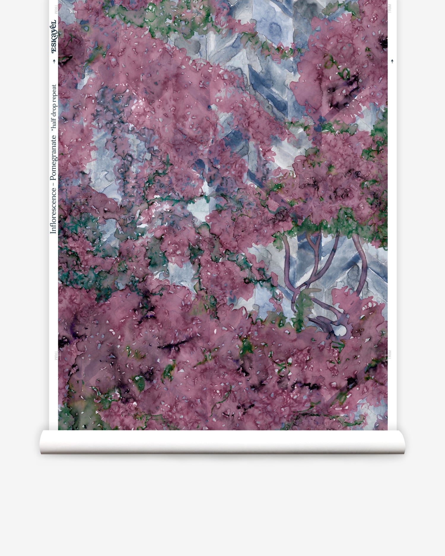 Wallpapper roll in a painterly tree print in purple, green and brown.