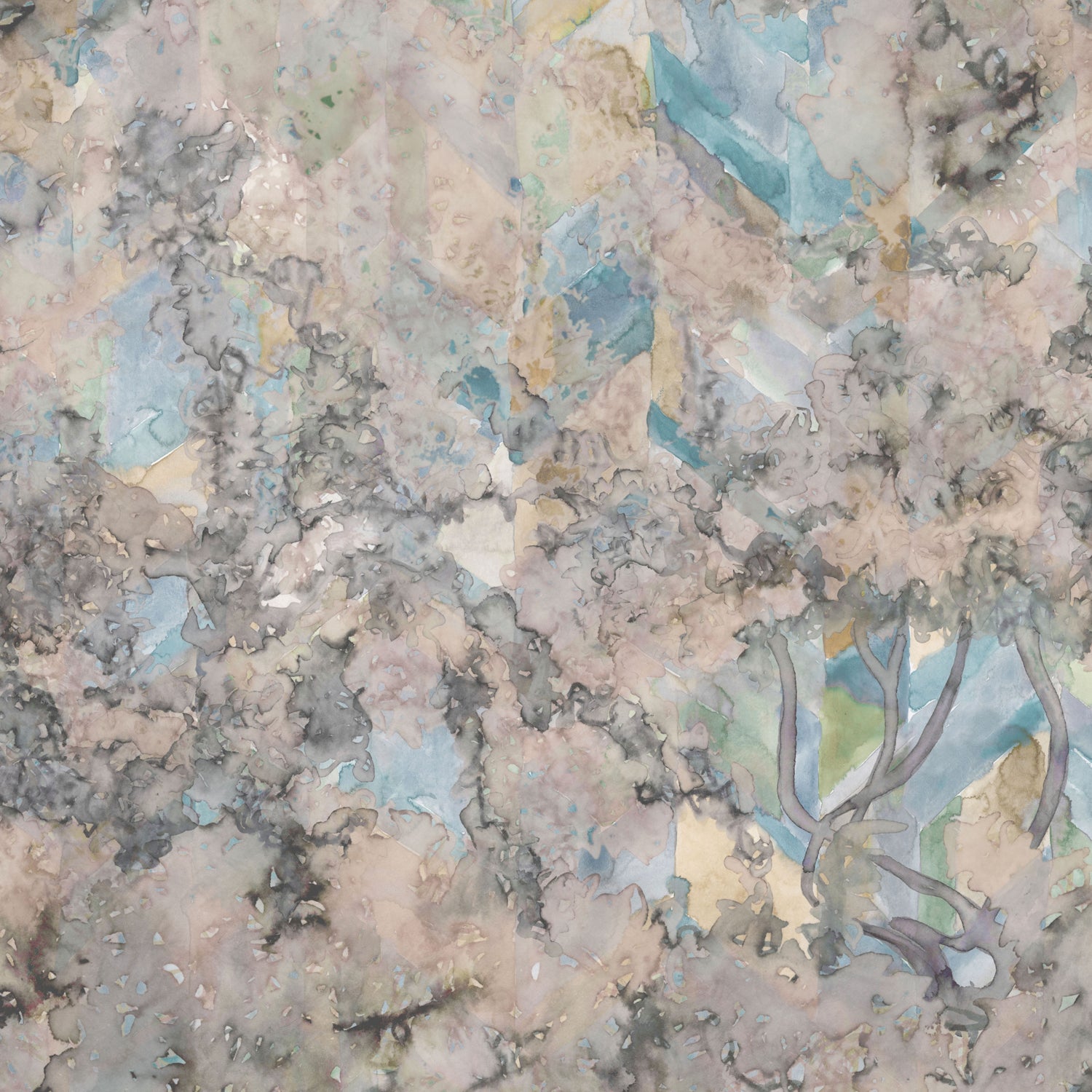 Detail of wallpaper in a painterly tree print in cream, gray and turquoise.