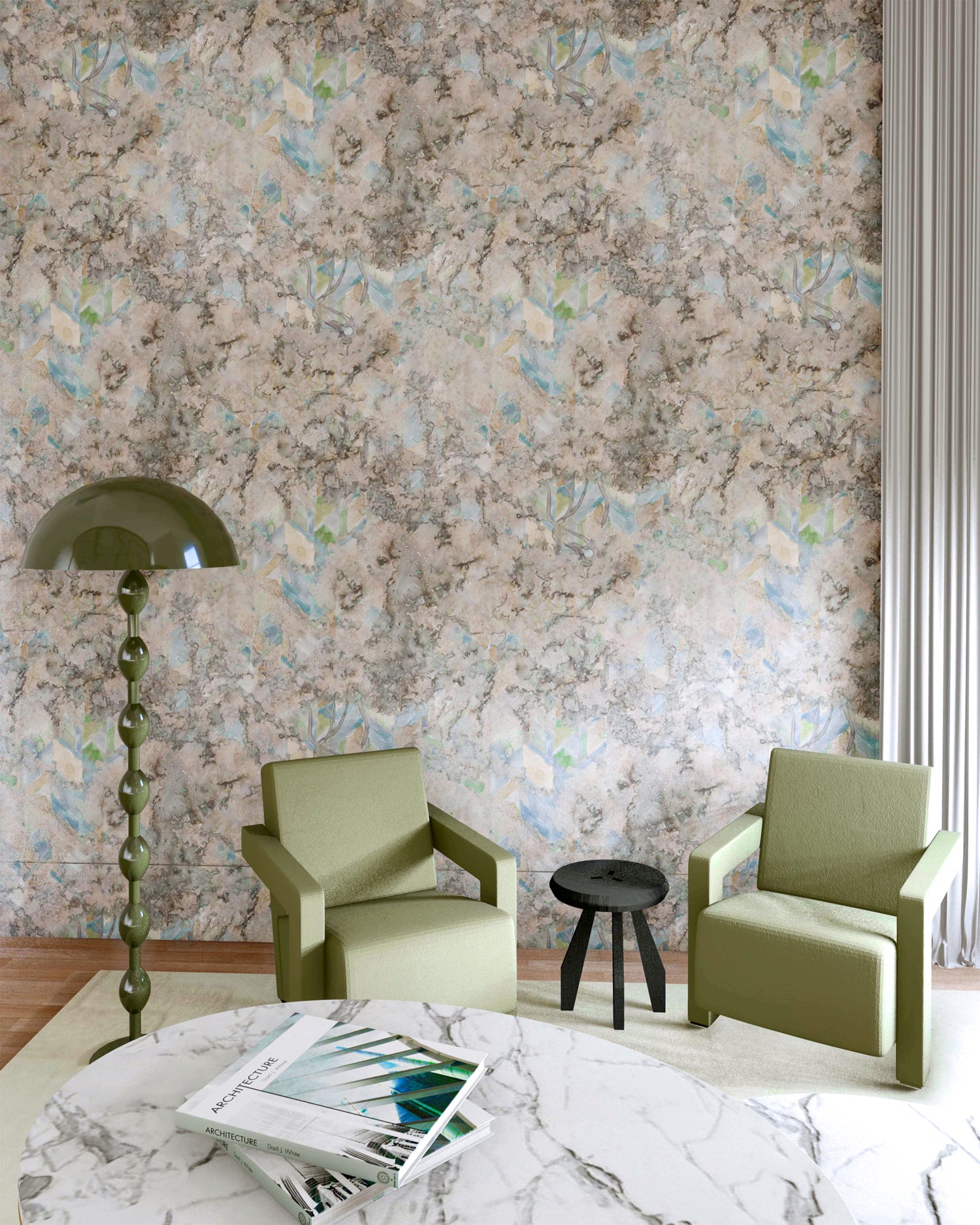 Living room wallpapered in painterly tree print in cream, gray and turquoise with green side chairs, accent lamp and marble coffee table. 
