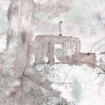 Detail of wallpaper mural in a minimal splatter print in shades of gray and pink on a cream field.