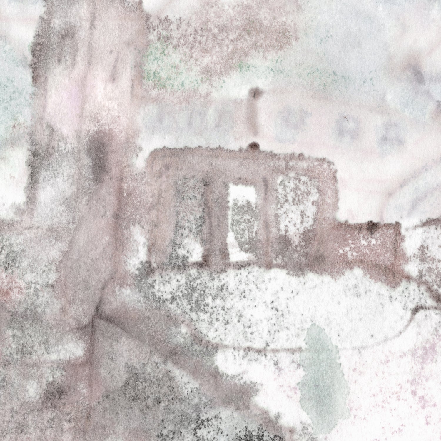 Detail of wallpaper mural in a minimal splatter print in shades of gray and pink on a cream field.