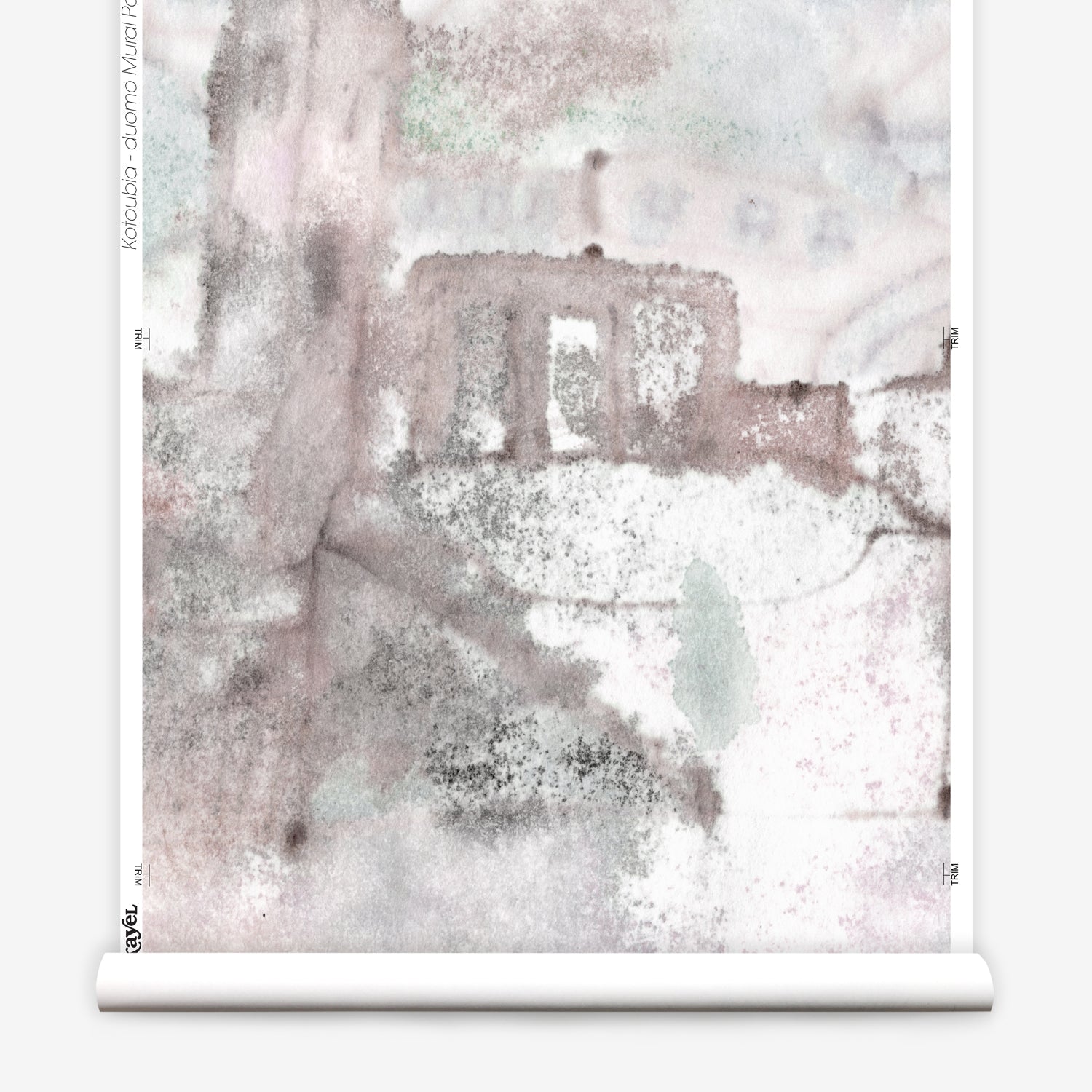 Wallpaper roll mural in a minimal splatter print in shades of gray and pink on a cream field.