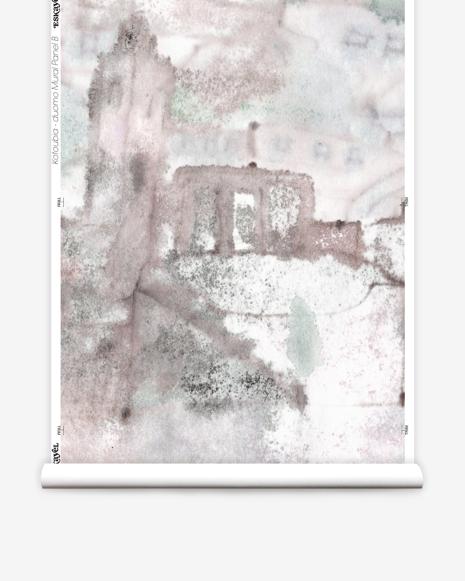 Wallpaper roll mural in a minimal splatter print in shades of gray and pink on a cream field.