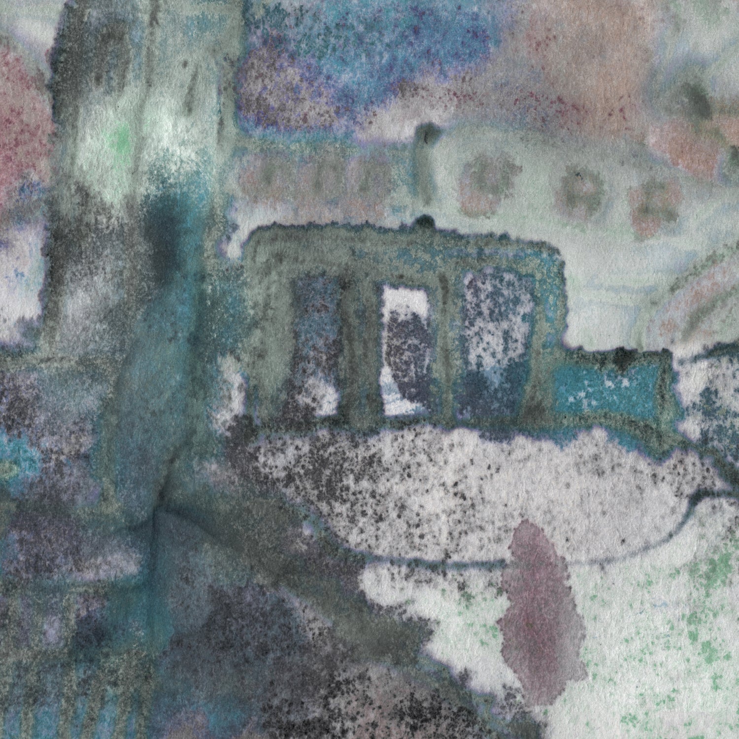 Detail of wallpaper mural in a minimal splatter print in shades of green, brown and pink on a cream field.