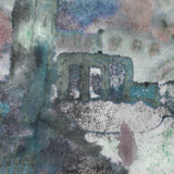 Detail of wallpaper mural in a minimal splatter print in shades of green, brown and pink on a cream field.