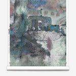 Wallpaper roll mural in a minimal splatter print in shadesof green, brown and pink on a cream field.