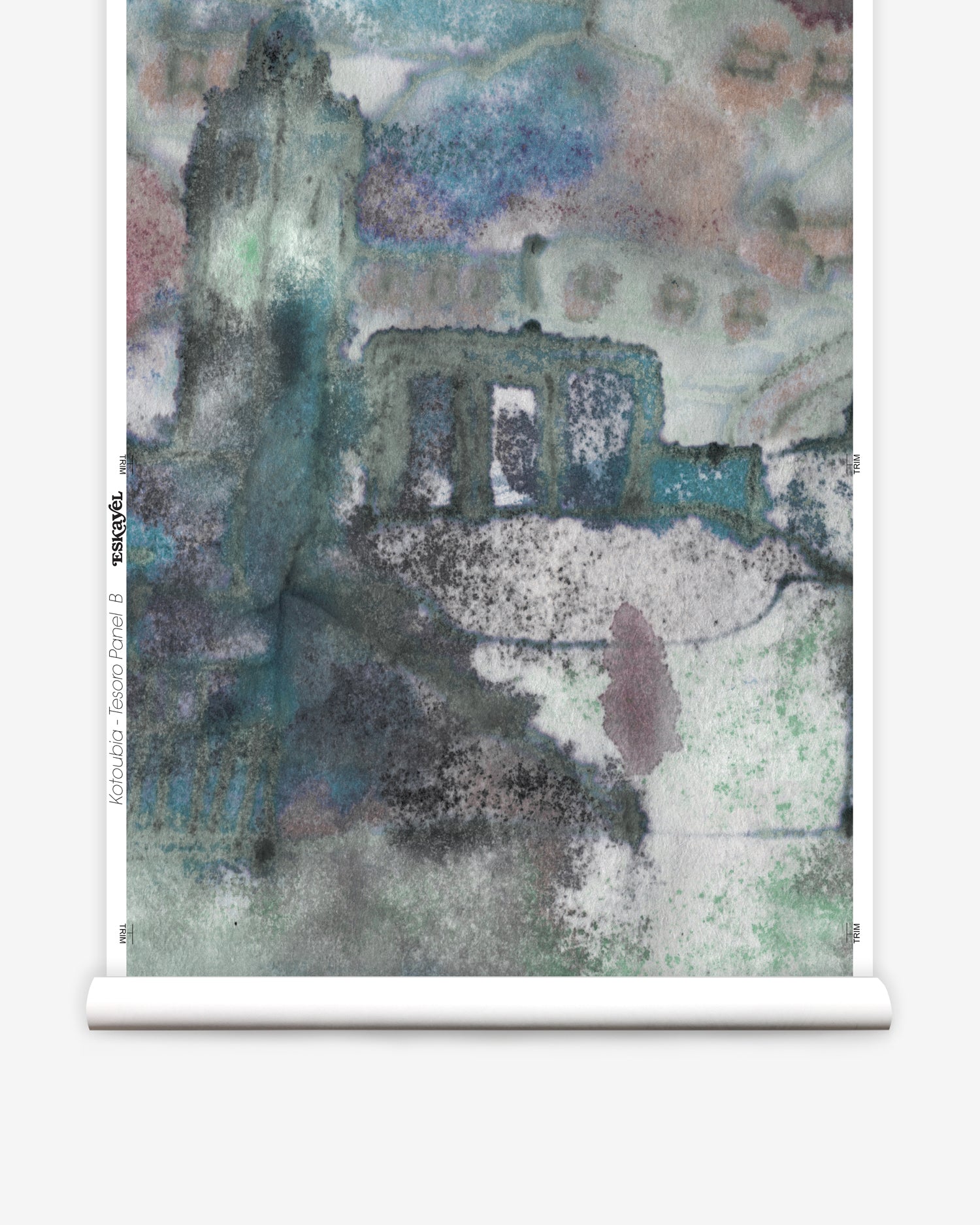 Wallpaper roll mural in a minimal splatter print in shadesof green, brown and pink on a cream field.
