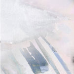 Wallpaper detail in an ombré watercolor print in shades of pink, gray and purple on a cream field.