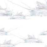 Wallpaper detail in a watercolor splatter print in pastel purple and gray on a cream field.