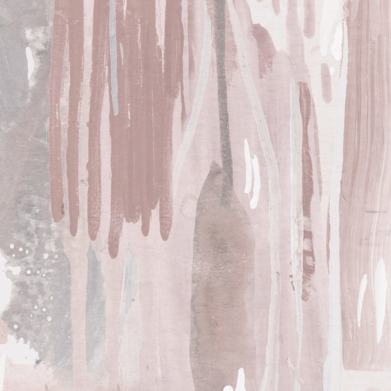 Wallpaper mural detail in a watercolor paint print in shades of pink, brown and gray on a cream field.