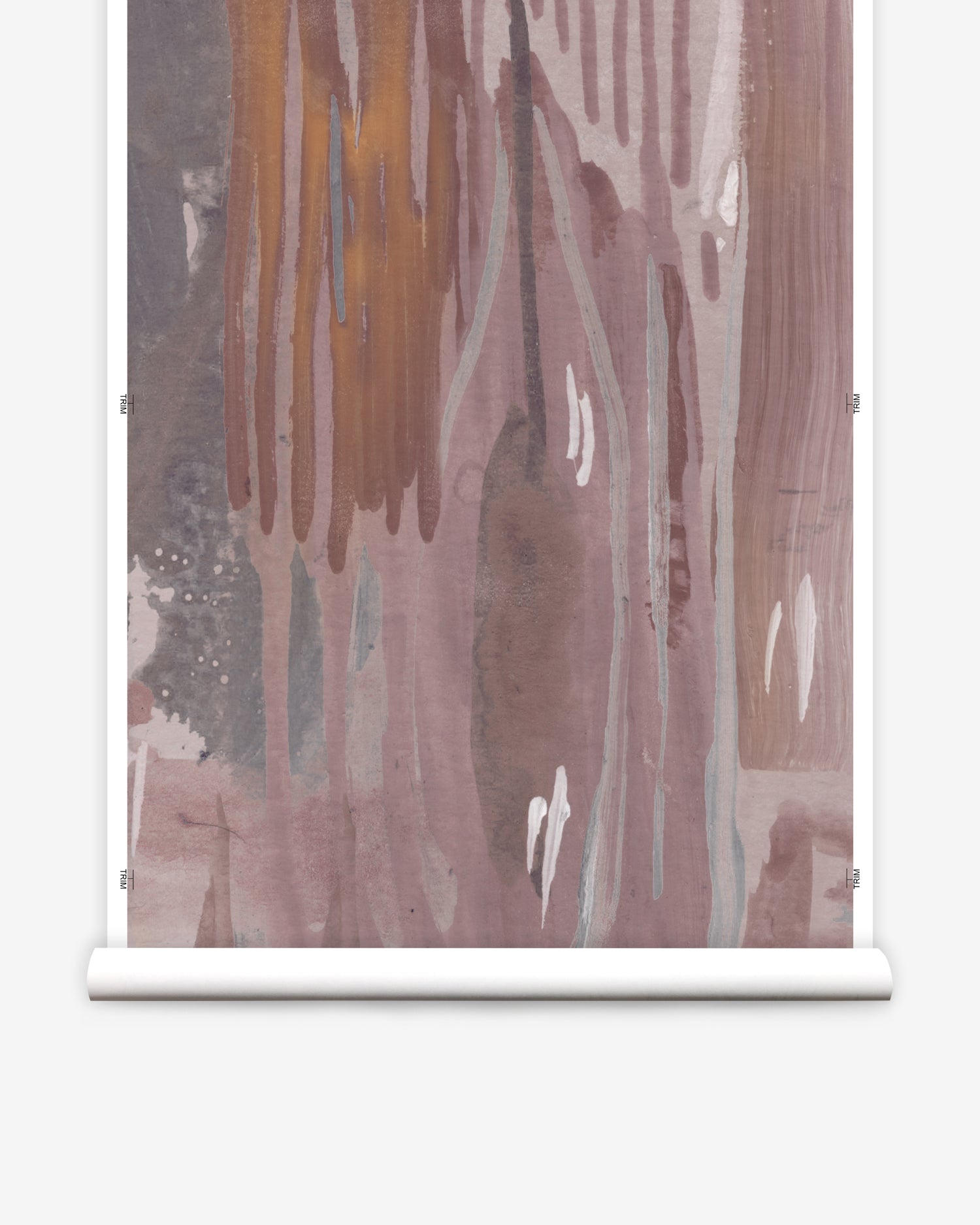 Wallpaper mural roll in a watercolor paint print in shades of gray, orange and purple on a cream field.